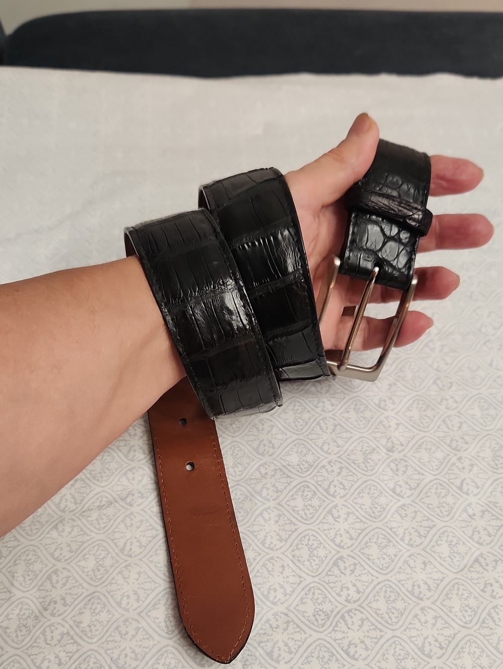 Vtg AjSkins Genuine Crocodile Black 32 USA Made Solid Brass Italy Belt.
